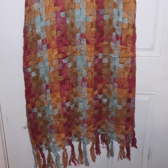 LIMITED TIME SALE: Beautiful Orange, Blue, and Burnt Red Blanket Scarf w/ Fringe - Picture 2 of 3